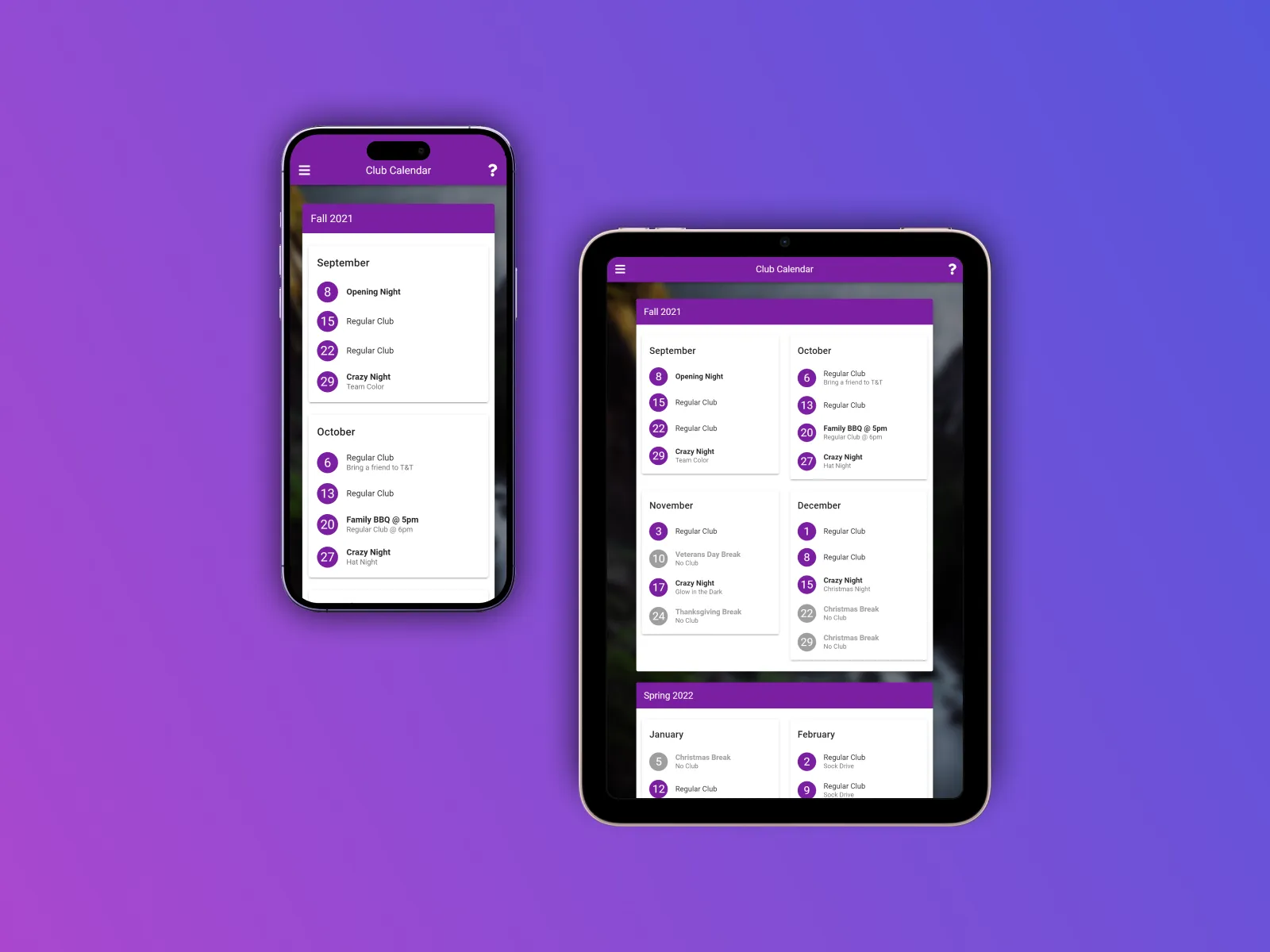 A mobile app interface displayed on two devices, a smartphone and a tablet. The screens show a "Club Calendar" for a fall schedule with purple accents and events listed for September, October, November, and December. The design is simple, using bold, circular icons for each date.
