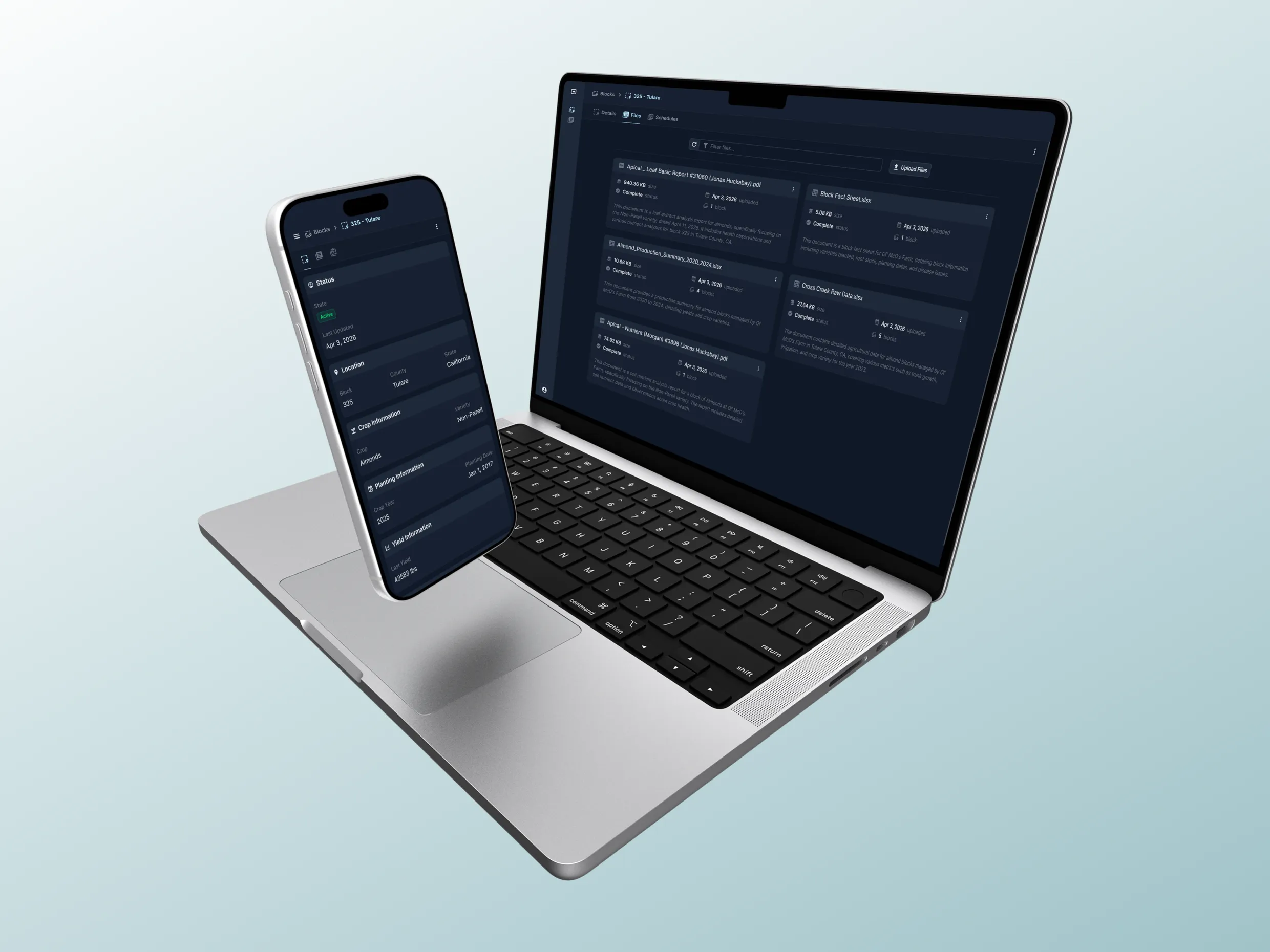 A laptop and smartphone displaying Fertilytics, the AI-powered fertilizer scheduling app Kaweah Tech built for Farmer's Fertilizer, with the laptop showing a generated application schedule and the phone showing the same product on mobile.